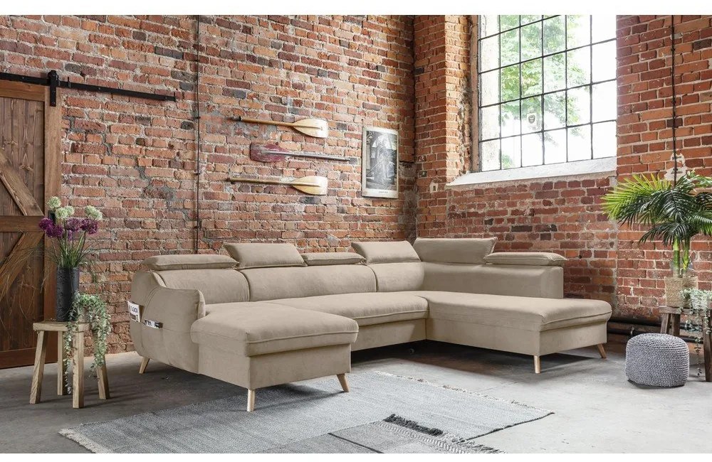 Divano letto angolare in velluto beige a "U" (angolo destro) Sweet Harmony - Miuform