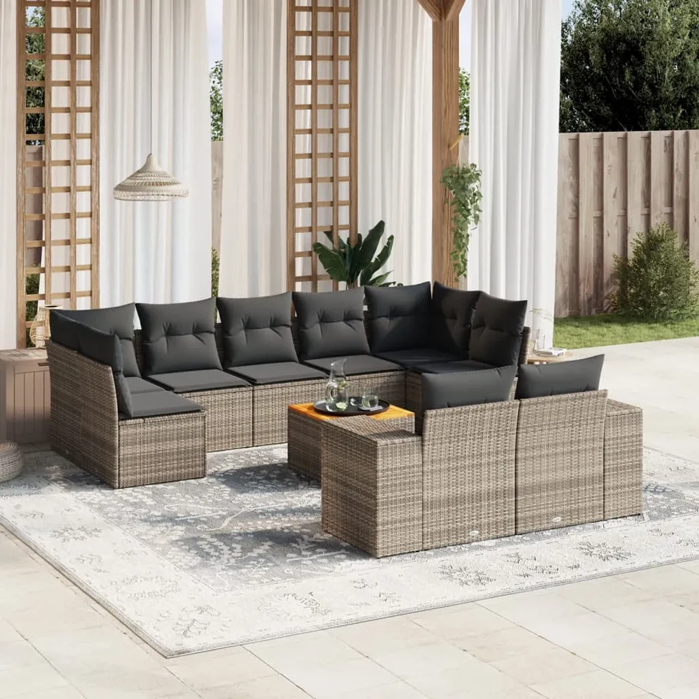 Set divano da giardino 10 pz con cuscini grigio in polyrattan
