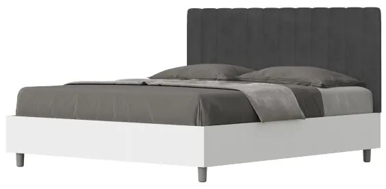 Letto contenitore da 160x200 in legno bianco e testata in microfibra grigio Kaia