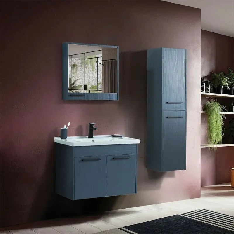 Mobile bagno sospeso 65 cm blu effetto legno con armadietto a specchio Sofia