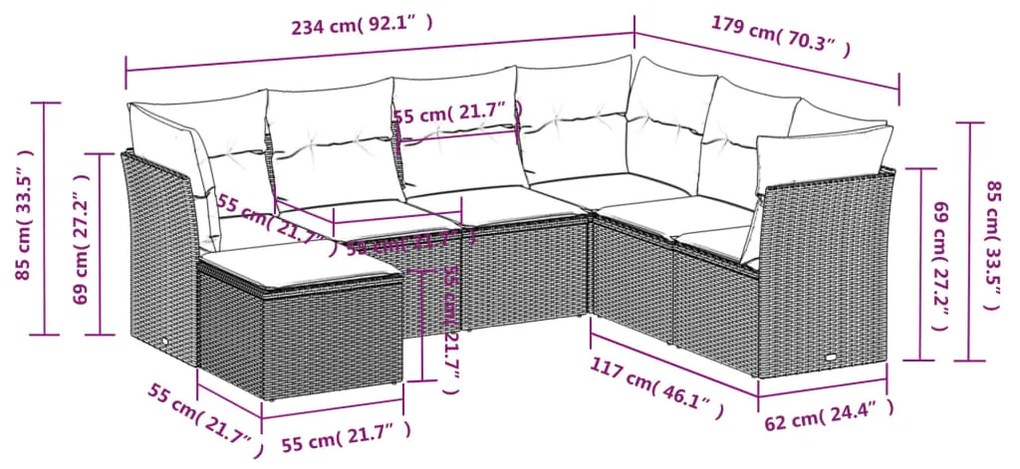 Set divani da giardino 7pz con cuscini grigio chiaro polyrattan