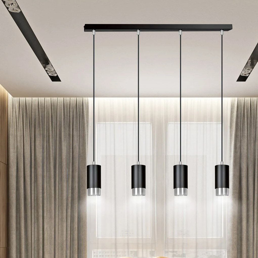 Lampadario 4 Luci Ivar Con Cilindri In Acciaio Nero E Cromo