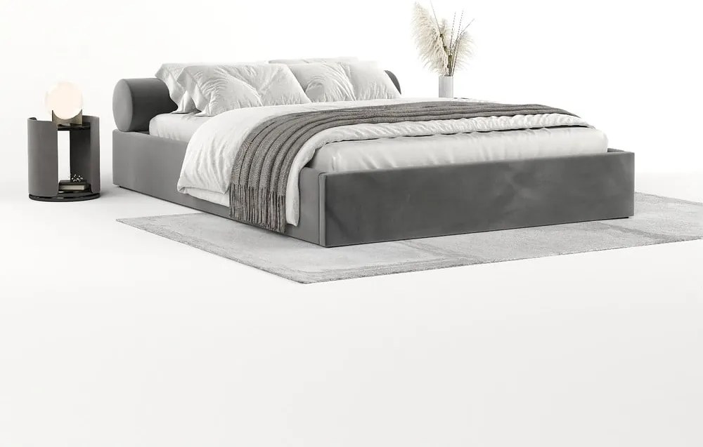Letto matrimoniale imbottito grigio scuro con contenitore e rete inclusi 200x200 cm Solvo – Maison de Rêve