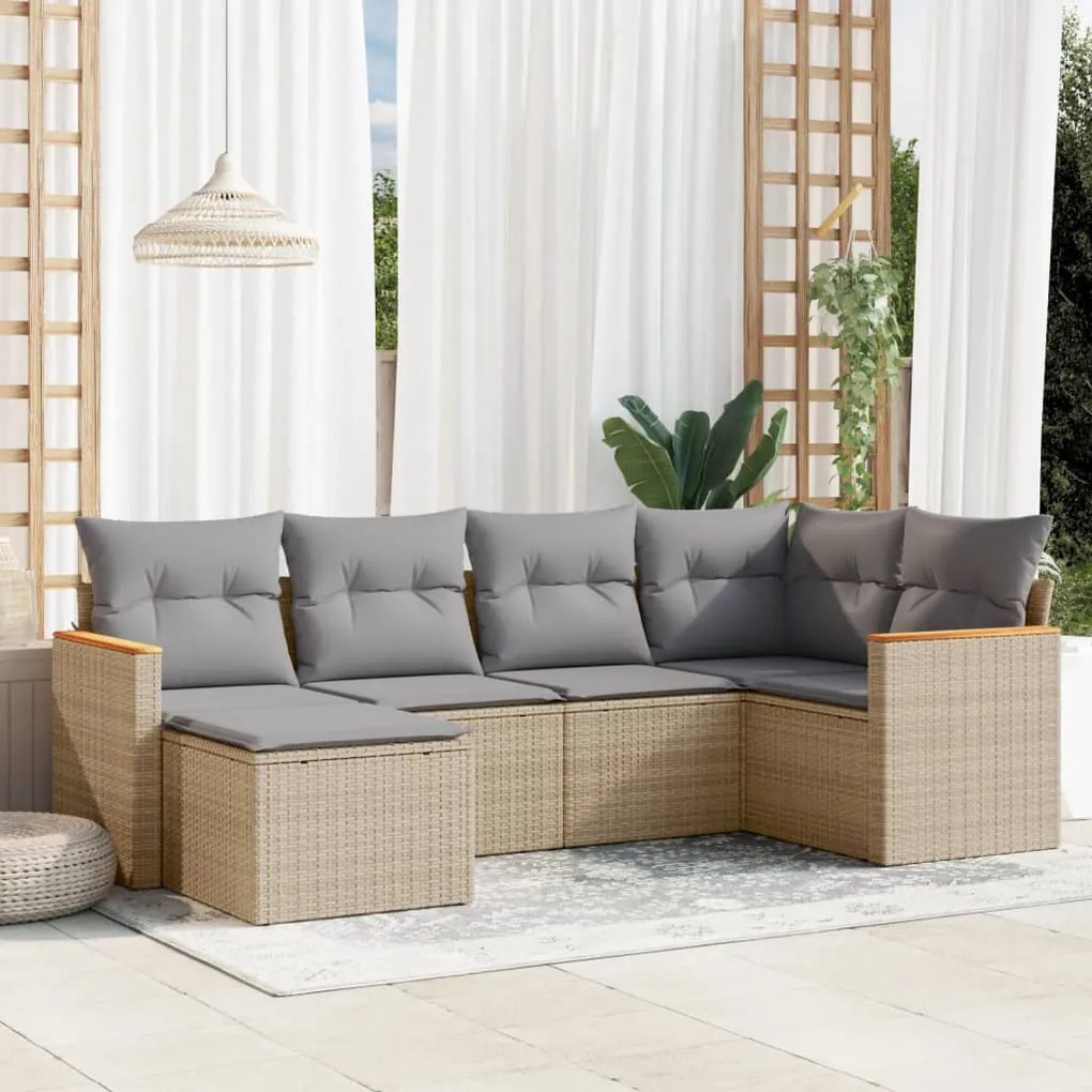 Set divano da giardino 6 pz con cuscini beige misto polyrattan