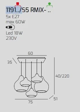 Sospensione cromo 5 luci rettangolare vetri (2 x piccolo am + 2 x p...