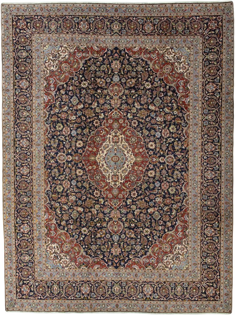 Kashan Tappeto 410x310 Blu (Iran) Annodato A Mano