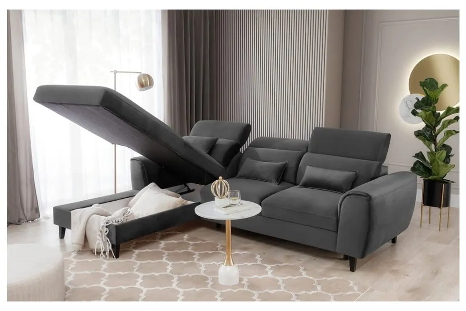 Divano angolare grigio scuro allungabile/con contenitore (con penisola a sinistra/con chaise lounge) e rivestimento in velluto Foble – ELTAP