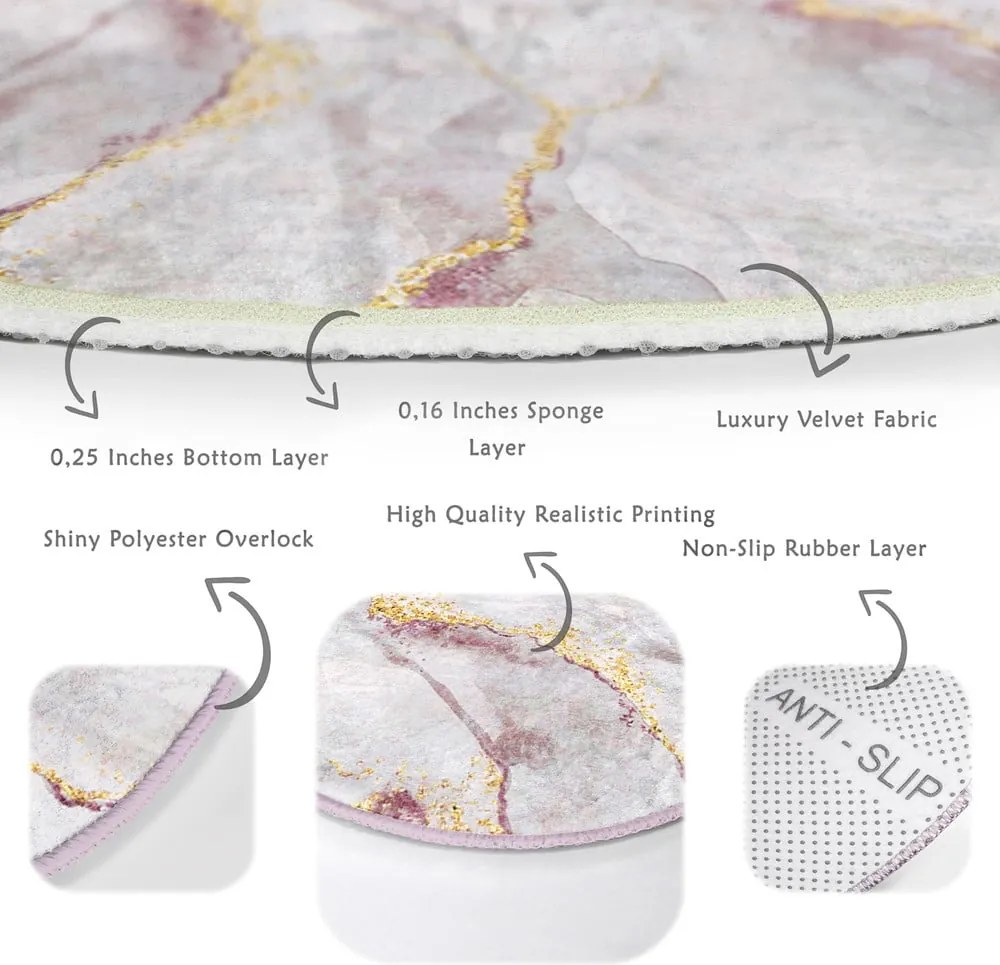 Tappeto rotondo rosa chiaro/dorato lavabile ø 100 cm Marble – Mila Home