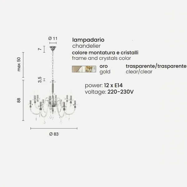 Lampada a sospensione DIDO D83 cm in vetro trasparente lavorato a mano 12 LUCI ORO