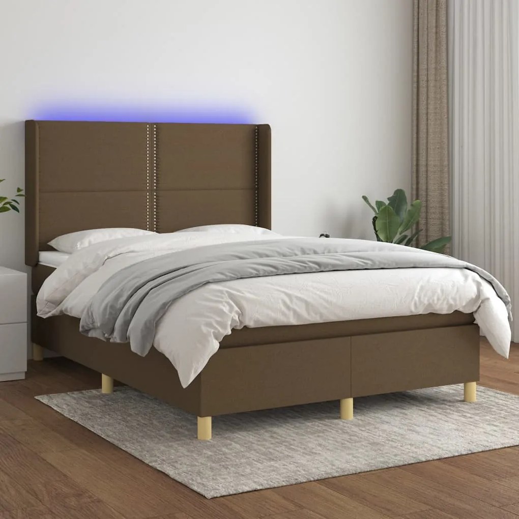 Letto a molle materasso e led marronescuro 140x190cm in tessuto