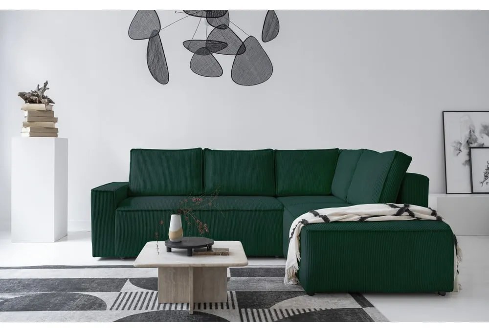 Divano letto angolare in velluto a coste verde scuro Brave Dave - Miuform
