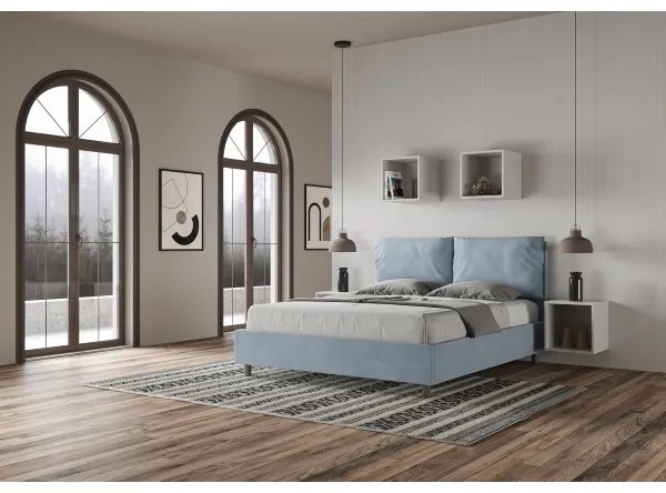 Letto contenitore da 160x200 in microfibra azzurro Antea