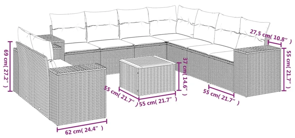 Set divani da giardino 10pz con cuscini in polyrattan nero