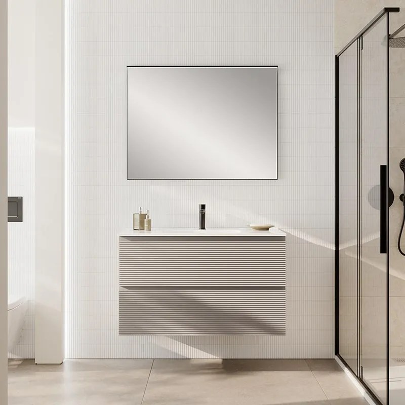 Mobile da bagno sospeso Step rigato taupe con lavabo in ceramica, con 2 cassetti a chiusura ammortizzata L100 H60 P45cm