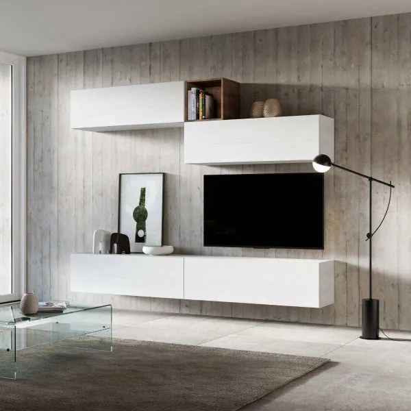 Parete attrezzata in legno sospesa moderna L268xP39.5 Bianco Frassino A01