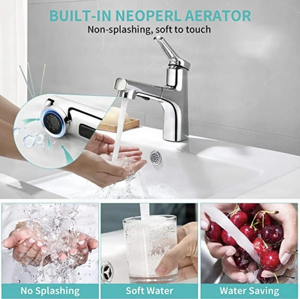 Rubinetto da bagno EYN IZK1444 con doccetta estraibile, in cromo o nero opaco — Cromo — Bassa
