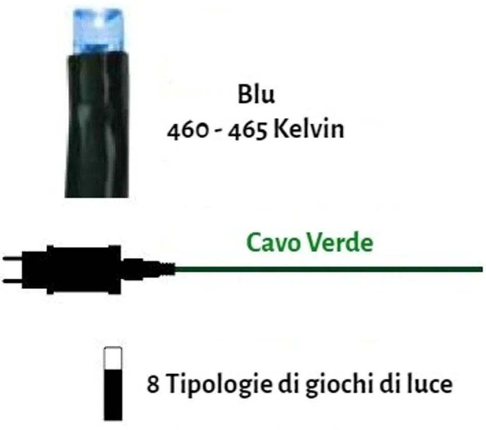Catenaria Natalizia LED 8 GIOCHI DI LUCE 15m Cavo VERDE IP44 Luce BLU Colore Blu 460 - 465 °K