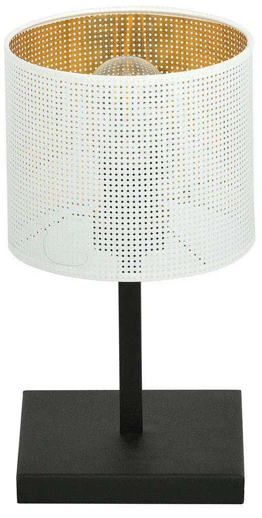 Lampada Da Tavolo 1 Luce Cigno In Acciaio Bianco E Paralume A Cilindro Oro