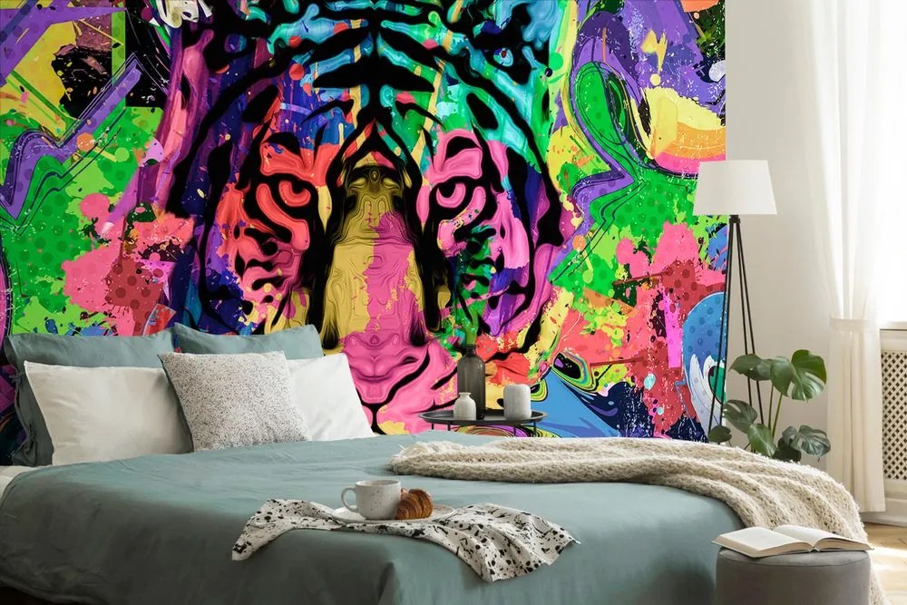 Carta da parati – Testa di tigre colorata
