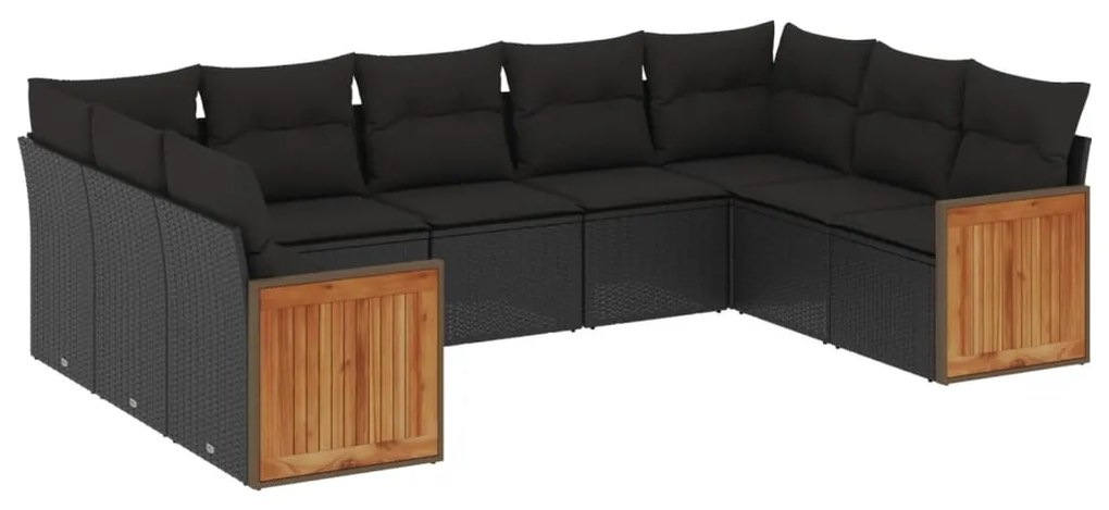 Set Divani da Giardino 9 pz con Cuscini Nero in Polyrattan