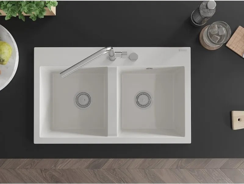 Mexen Hektor lavello in granito a 2 vasche 800 x 480 mm, bianco, sifone cromato - 6521802000-20