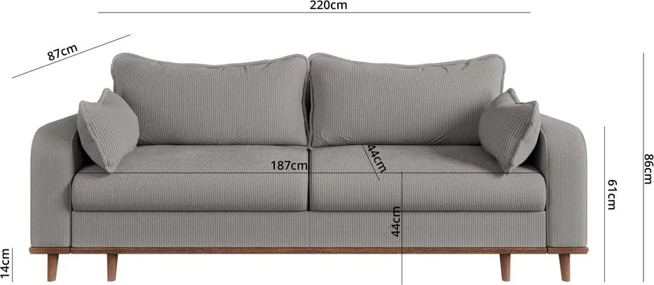 Divano grigio chiaro in velluto a coste 220 cm Beata - Ropez