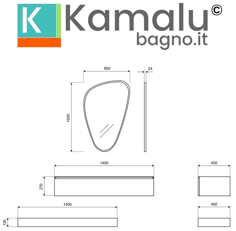 Kamalu - composizione bagno sospesa mobile e mensolone da 140cm | kam-kk1400