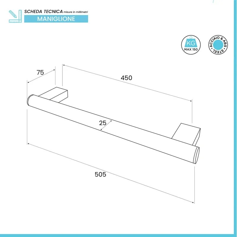 Maniglione di sicurezza per disabili 50,5 cm cromo in acciaio inox max 150kg