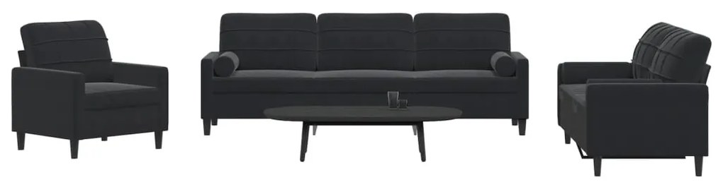 Set Di Divani 3 Pz Con Cuscini E Rinforzi Nero İn Velluto /