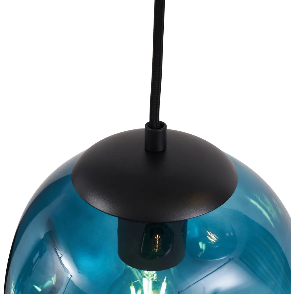 Lampada a sospensione Art Déco nera con rosone ovale e vetro verde e blu a 6 luci - Douglass