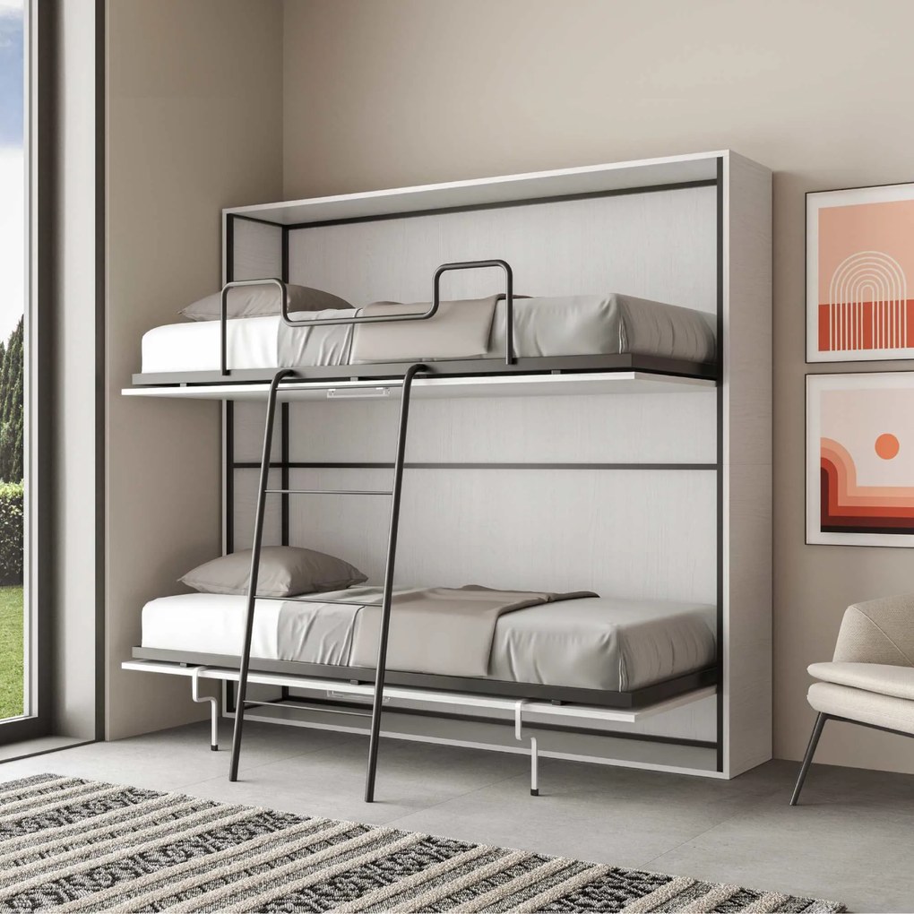Letto a scomparsa doppio orizzontale Kando con materassi, Bianco Frassino / Non incluso
