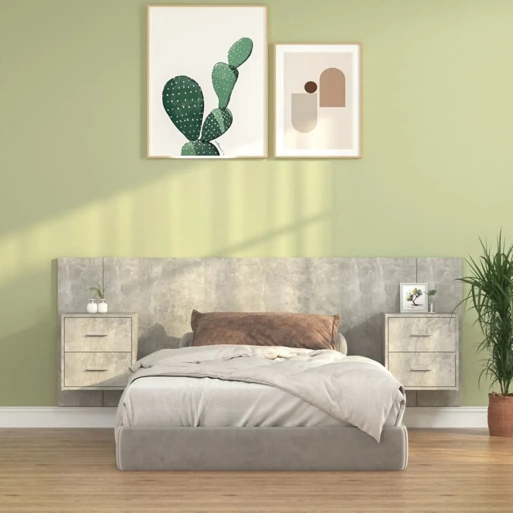 Testiera Letto Con Comodini İn Legno Multistrato Grigio Cemento /