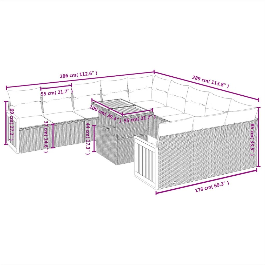 Set divani da giardino 11 pz con cuscini in polyrattan nero