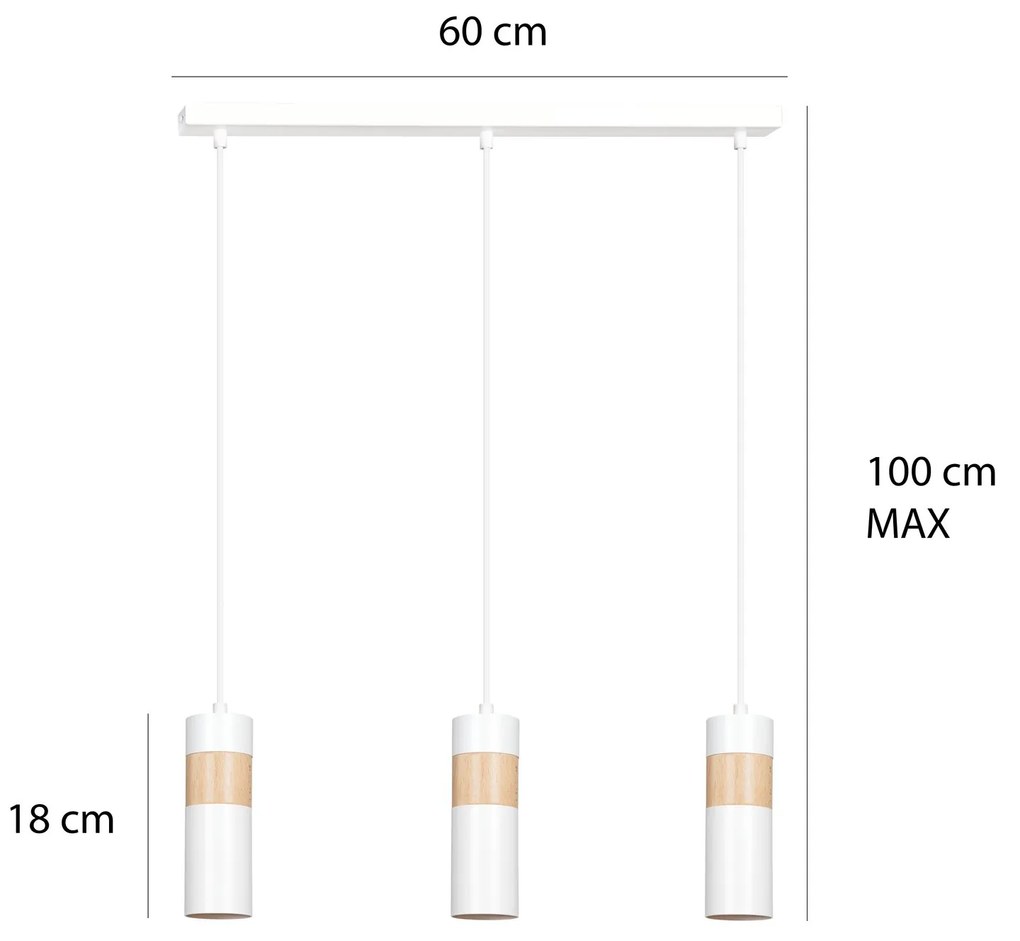 Lampadario 3 Luci Akari In Acciaio Bianco A Cilindro Con Legno Naturale