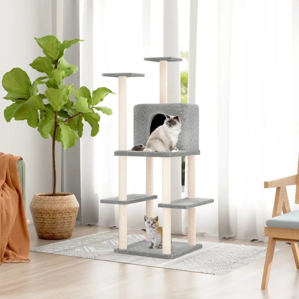 Albero per gatti con tiragraffi in sisal grigio chiaro 144,5 cm