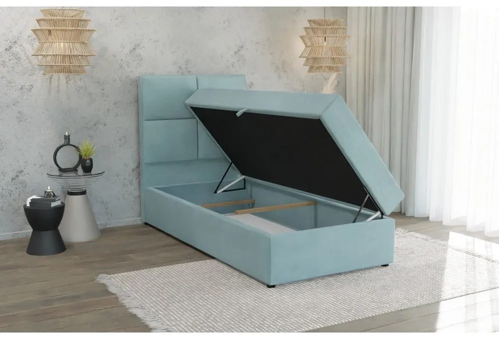 Letto singolo imbottito con contenitore azzurro con materasso e topper inclusi 90x200 cm Lena – Ropez