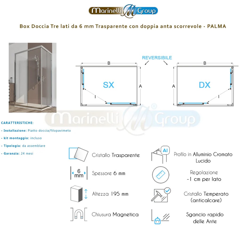 Box doccia 3 lati 70X130X70 trasparente scorrevole Palma