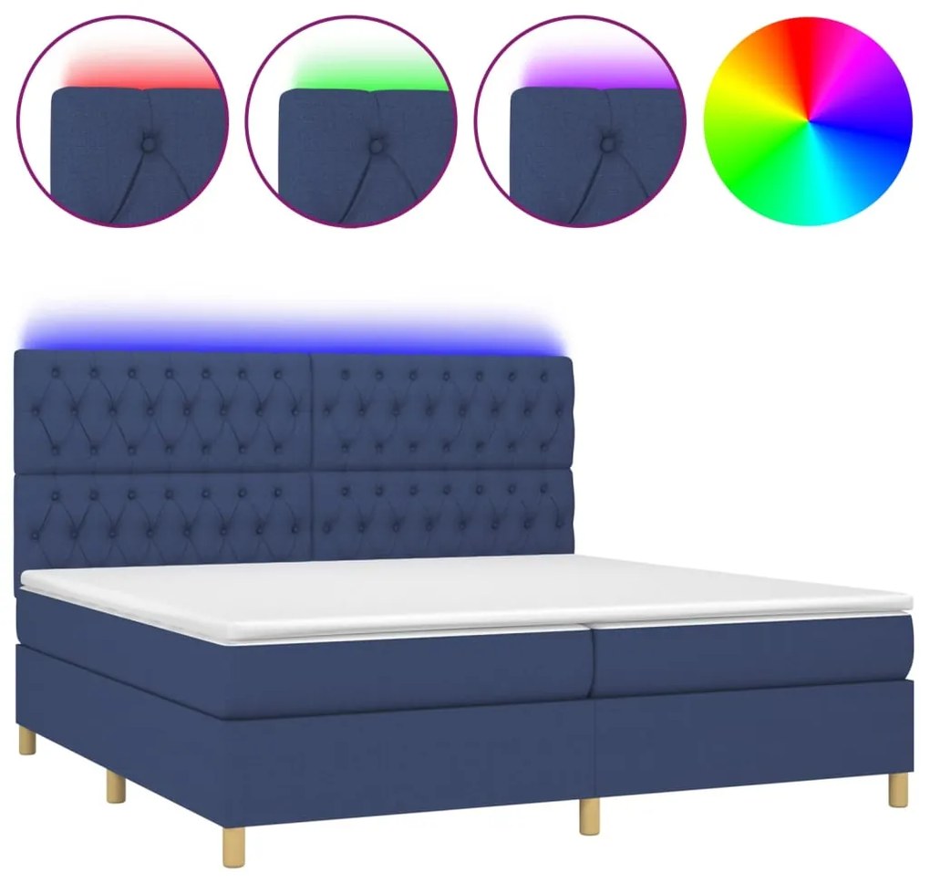 Letto a molle materasso e led blu 200x200cm in tessuto