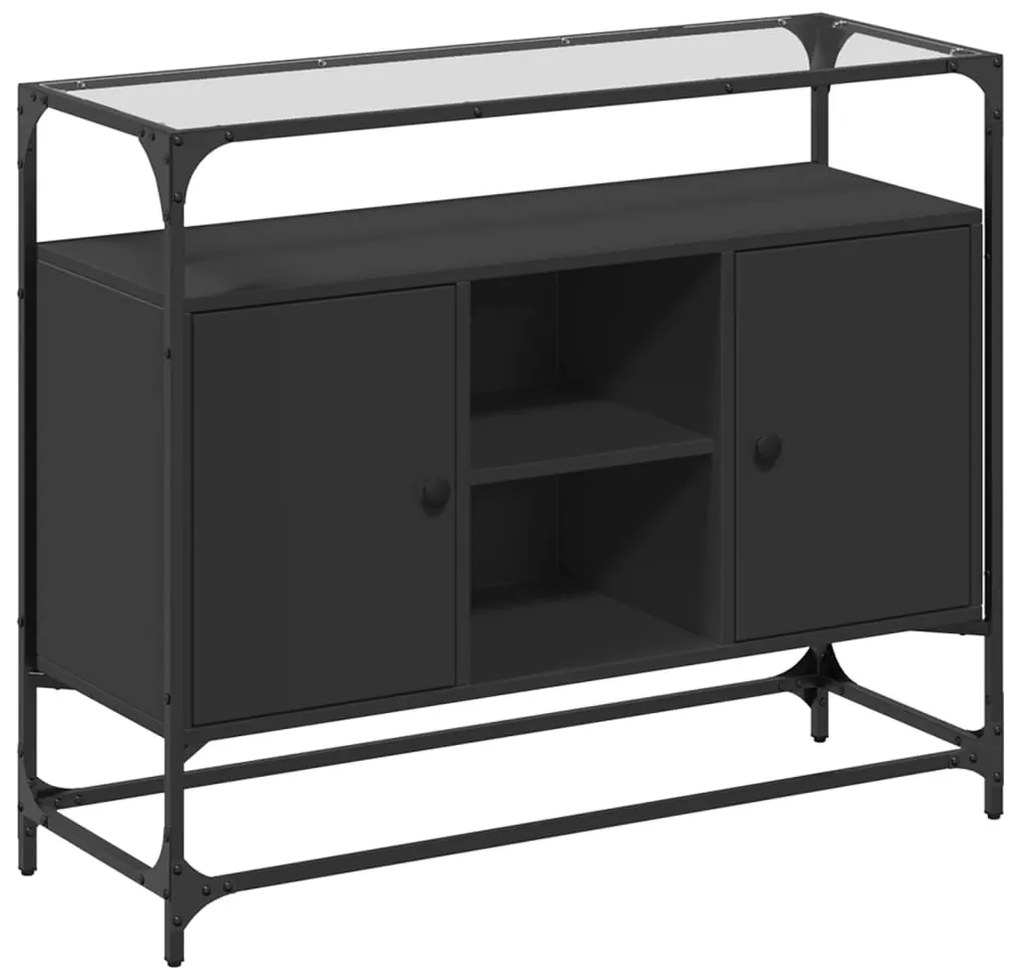 Credenza con piano in vetro nero 98x35x81cm legno multistrato