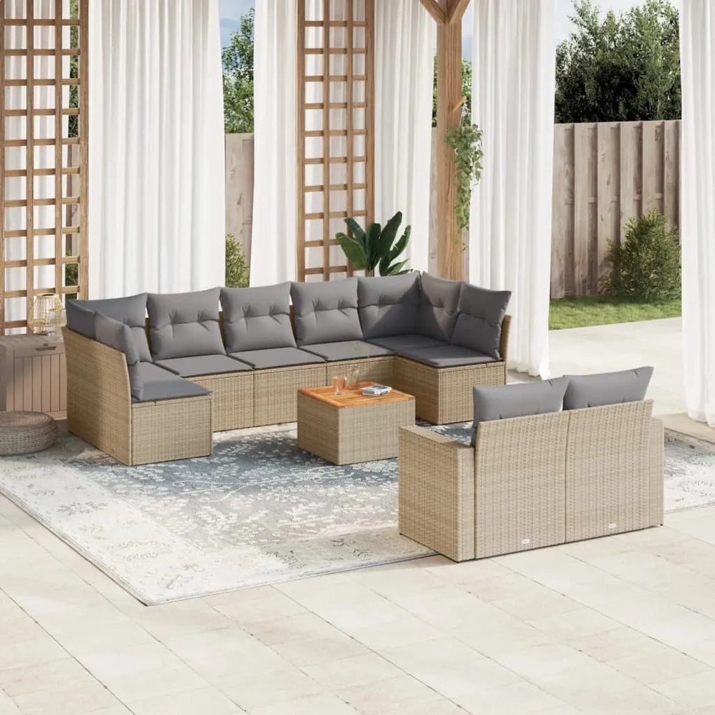 Set Divano da Giardino 10 pz con Cuscini Beige Misto Polyrattan