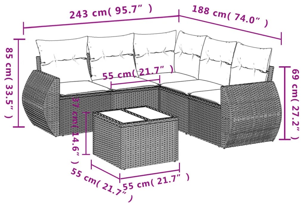 Set divano da giardino 6 pz con cuscini grigio in polyrattan