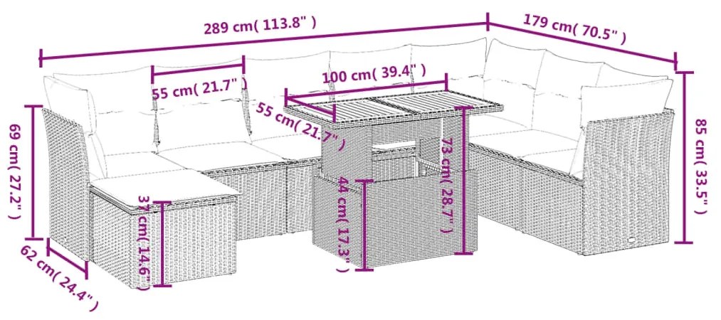 Set divani da giardino 9 pz con cuscini nero in polyrattan