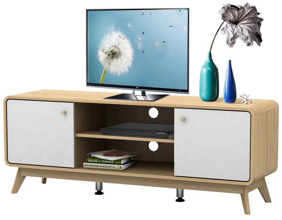 Tavolo TV in rovere decorato in bianco e naturale 140x53 cm Caitlin - Støraa