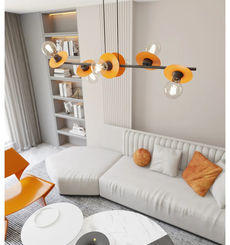 Lampadario 6 Luci Eos In Acciaio Nero E Arancio Con Barra E Diffusori A Piatti