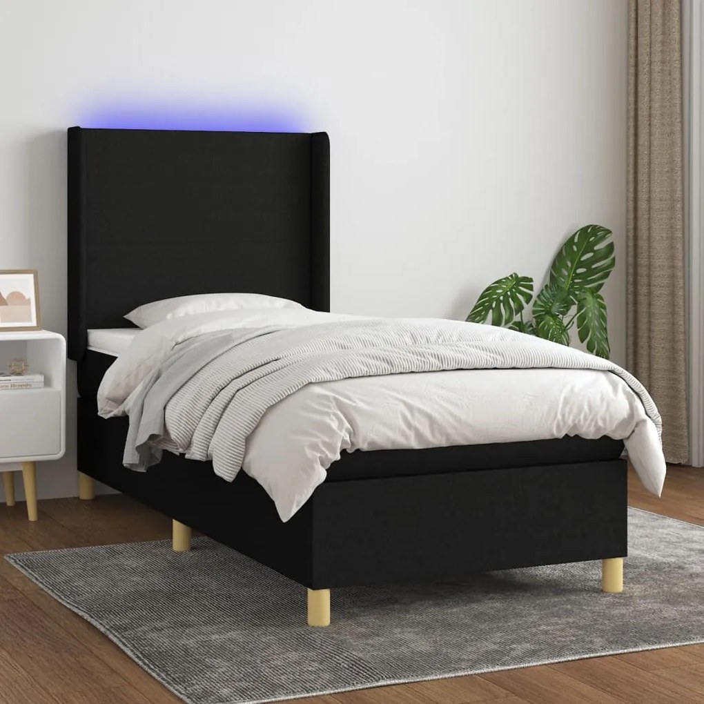 Letto A Molle Con Materasso E Led Nero 100x200 Cm İn Tessuto /
