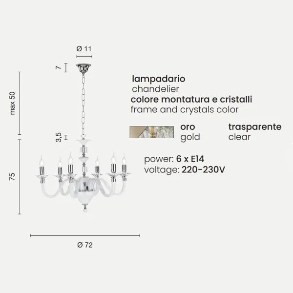 Lampada a sospensione GALA D72 cm in vetro lavorato a mano con dettagli in metallo 6 LUCI ORO