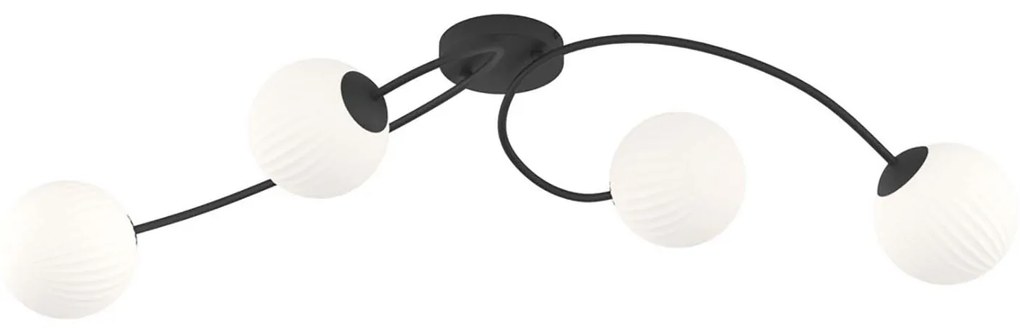 Plafoniera 4 Luci Loki In Acciaio Nero E Vetro Rigato A Sfera Bianco