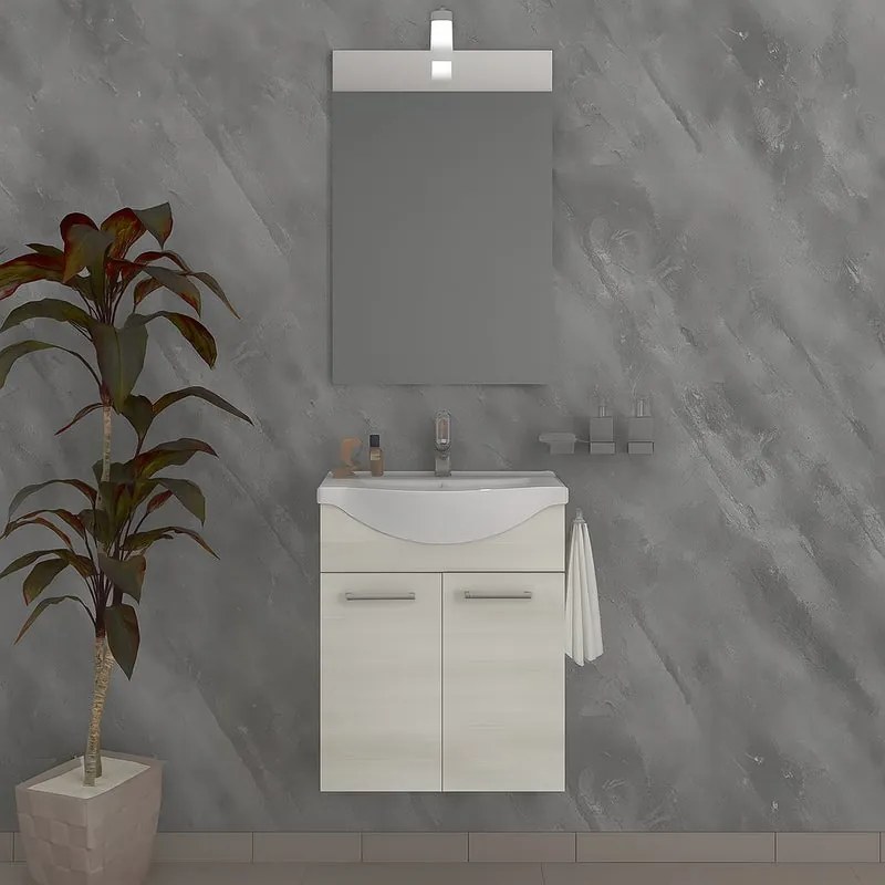 Mobile bagno con lavabo e illuminazione L 56 x H 70 x P 42.5 cm rovere bianco, 2 ante per vasca centrale Ginevra