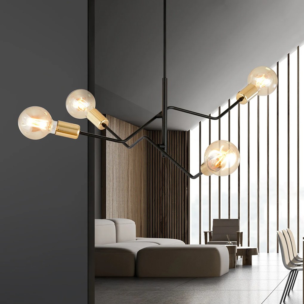 Sospensione Industrial 4 Luci Temi In Acciaio Nero E Oro Bracci Regolabili