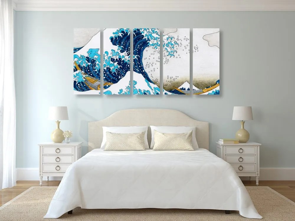 Quadri 5 pezzi – Riproduzione La grande onda di Kanagawa - KATSUSHIKA HOKUSAI